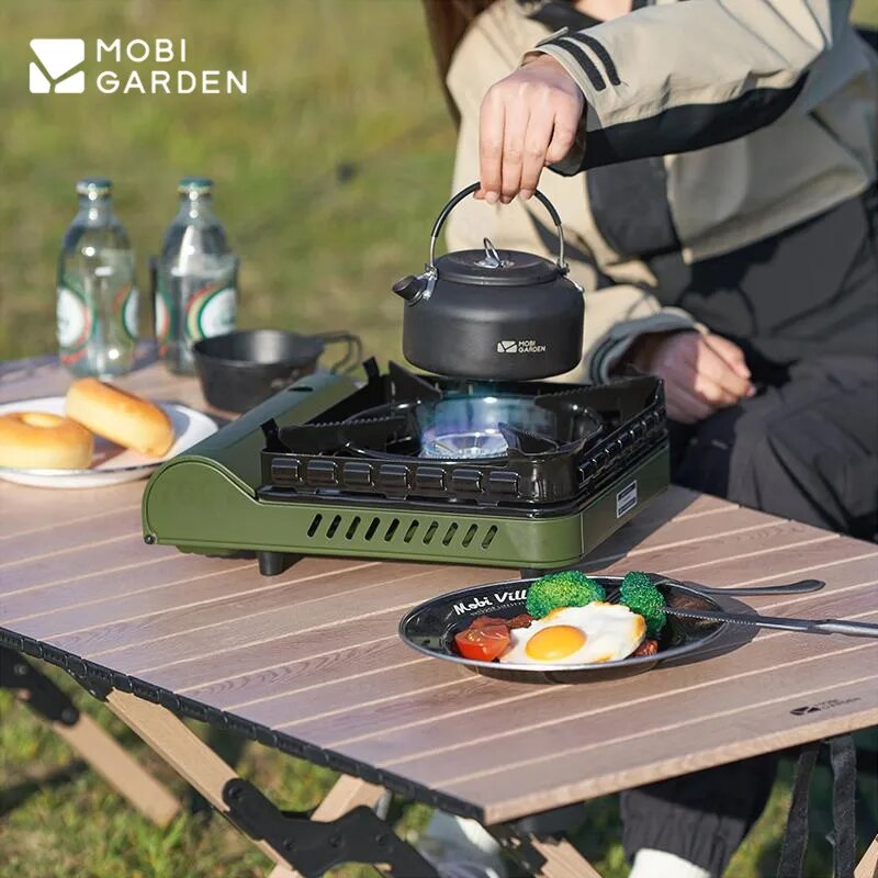 Mobi Garden MeiYan Large Butane Camping Stove Mini Portable Ultralight 3.5KW Firepower With Built-in Windshield Standard Gas Fuel Nozzle Type Canister Hiking Outdoor Cassette Style Travel Cooking Burner With Storage Box Case Black Original Mobigarden