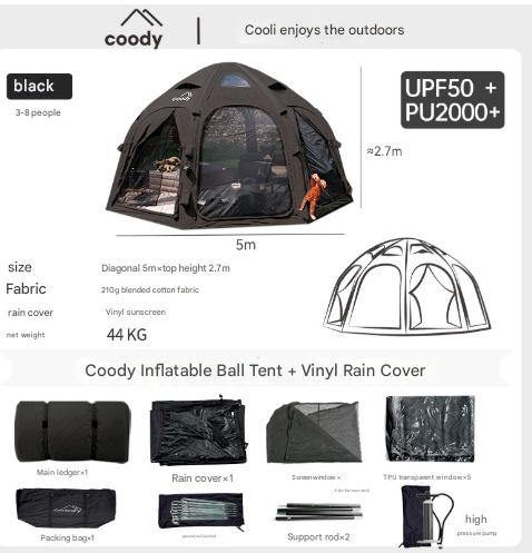 Coody AURORA AIR DOME 17.6 Tent 6-8 Persons Air Inflatable Tent Octagonal Extra Large 17.6m² Interior Space Waterproof Black Vinyl Coated Sunscreen Rain Cover