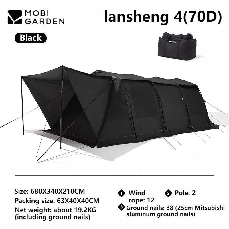 Mobi Garden RANGE ROVER Series 4 Rods Black Tunnel Type Camping Tent 23.1m² Extra Large Space for 8-10 Person up to 2 Bedrooms and 1 Living Room Waterproof Windproof Aviation Pre-Bended Aluminum Poles Outdoor Glamping Luxury Mobigarden LANSHENG