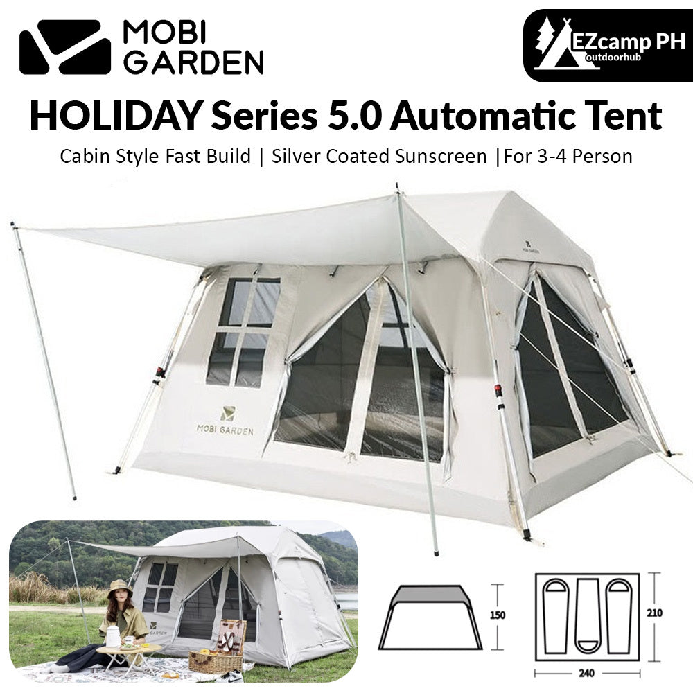 Mobi Garden HOLIDAY Series 5.0 Fast Automatic Cabin Style Tent for 3-4 Person Waterproof Silver Coated Sunscreen Quick Open Outdoor Camping Tent Mobigarden village 5 Mountain Residence