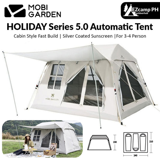 Mobi Garden HOLIDAY Series 5.0 Fast Automatic Cabin Style Tent for 3-4 Person Waterproof Silver Coated Sunscreen Quick Open Outdoor Camping Tent Mobigarden village 5 Mountain Residence