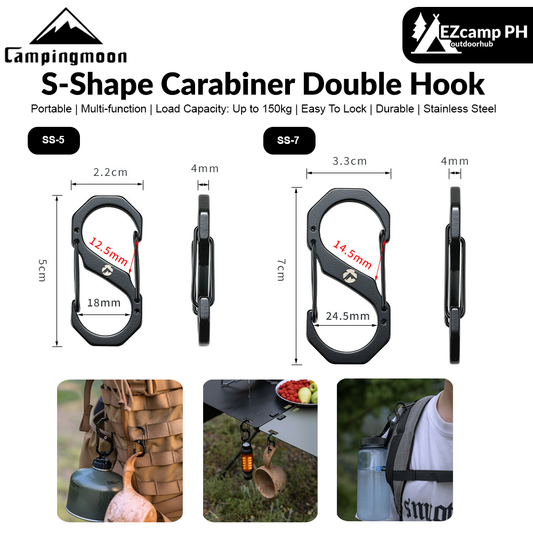 Campingmoon S-Shape Carabiner Double Hook Outdoor Camping Hiking Equipment Tool Tent Accessories SS-5 SS-7 2pcs Pack Set 5/7cm Stainless Steel Keychain Hanging up to 150kg Max Load Heavy Duty Original