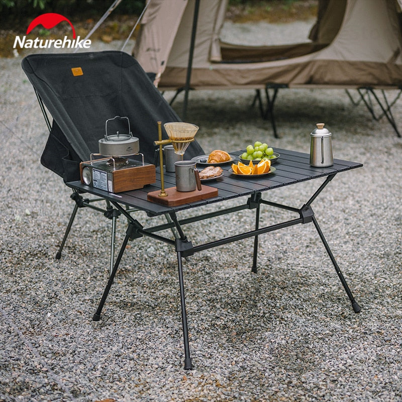 Naturehike FT12 Black Aluminum Egg Roll Camping Portable Folding Table 3 Level Height Adjustable Ultralight Heavy Duty up to 30kg Max Load Foldable Heavy Duty Outdoor Low High Lifting Table Nature Hike