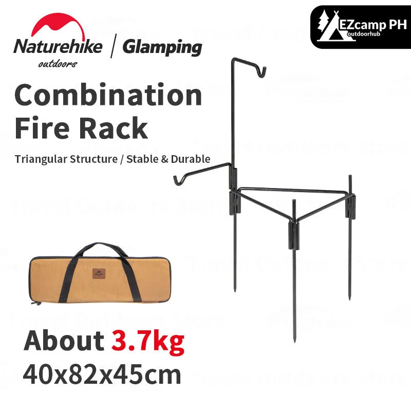 Naturehike Outdoor Combination Fire Pit Rack Portable Iron Tripod Detachable Easy Assembly Barbecue Rack Adjustable Height Hang Hanging Hook Cooking Pole Camping Accessories Nature Hike