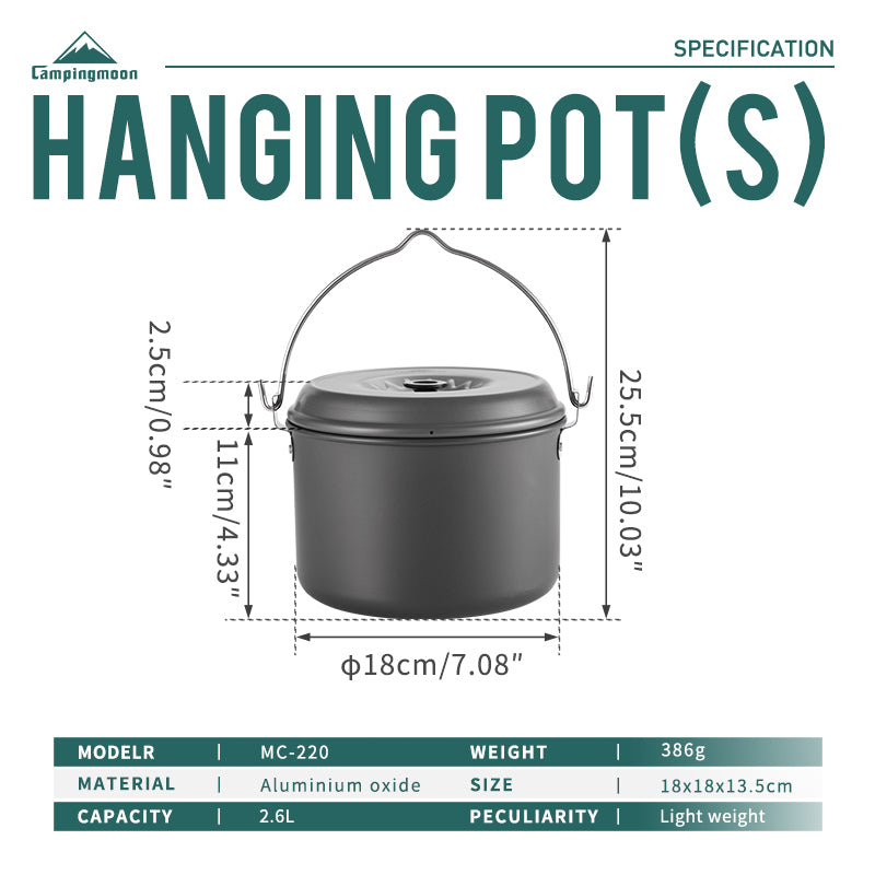 CAMPINGMOON Outdoor Hanging Pot Small Large Camping Ultralight Aluminum Cooking Hang Cookware Equipment for 5-8 Person 4L 5.5L