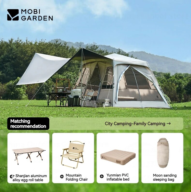 Mobi Garden HOLIDAY Series 8.9 Fast Automatic Cabin Style Tent for 5-6 Person Waterproof Black Vinyl Coated Sunscreen Awning Canopy Large up to 19m² Total Usable Space Quick Open Outdoor Camping Tent Mobigarden village Mountain Residence