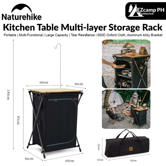 Naturehike Portable Kitchen Table Multi-layer Storage Rack Cookware Utensil Shelf Folding BBQ Working Table Shelves Fast Drying With Lamp Pole Post