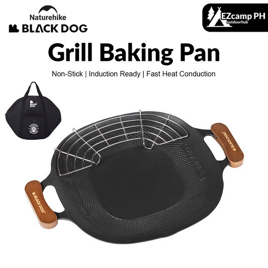 BLACKDOG Round Baking Pan Stove Grill Top Non-Stick Frying Grilling Korean BBQ Cookware Outdoor Camping Picnic Induction Ready Wood Handle with Bag Cooking Barbecue Equipment Utensil Black Dog