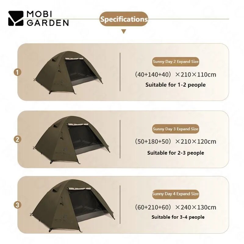 MOBI GARDEN SUNNY DAY Hiking Tent Oudoor 2-4 Person Portable Folding Ultralight 3 Season Waterproof Windproof Silver Coated Sunscreen Camping Outdoor Travel Picnic Backpacking Trips Sunny Tent Heavy Duty Original MobiGarden