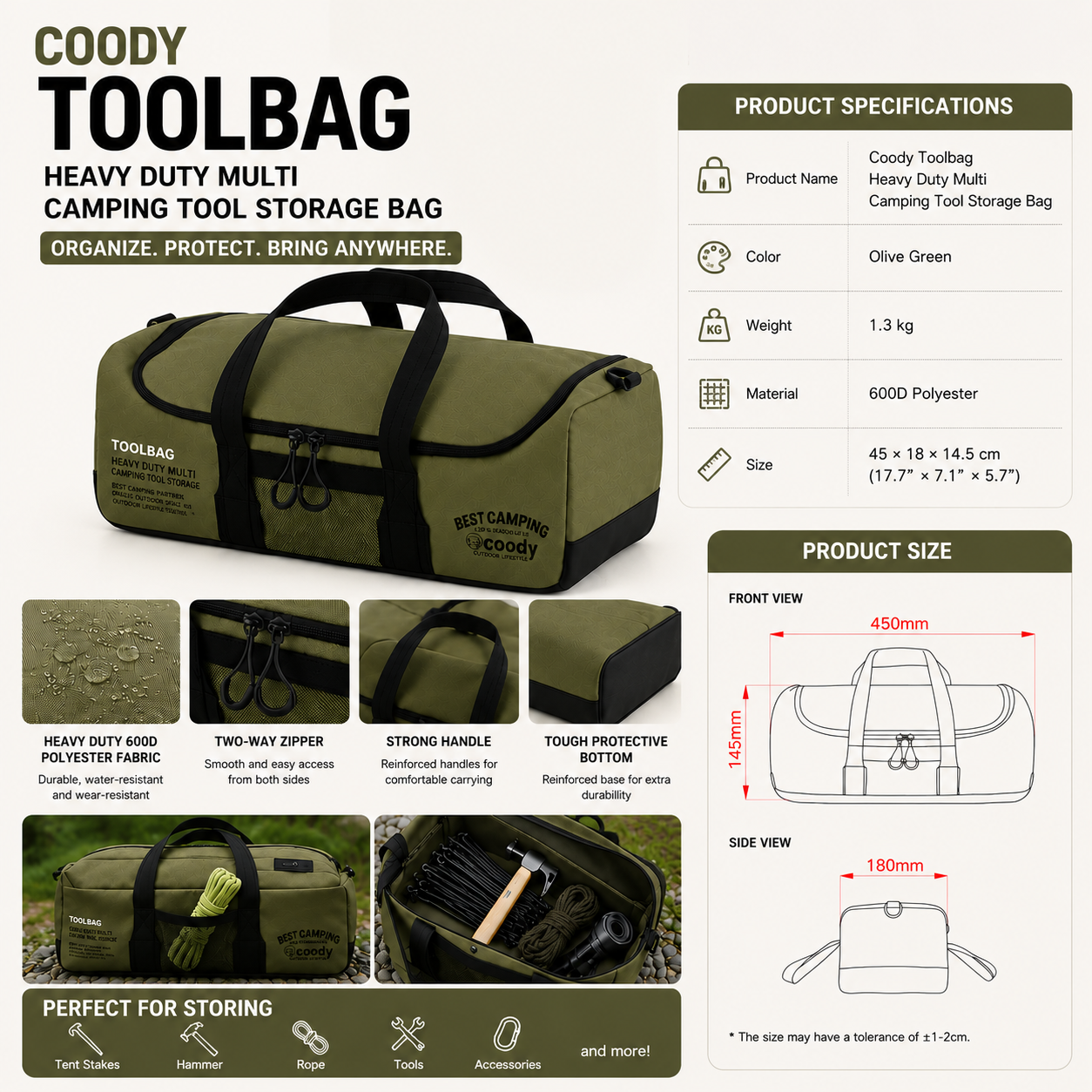 Coody TOOLBAG 11.7L Storage Bag Portable Heavy Duty Camping Tool Storage Bag Hard Pack Organizer For Tent Stakes Pegs Hammer & Outdoor Equipment