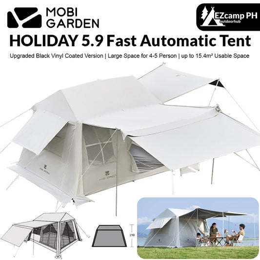 Mobi Garden HOLIDAY 5.9 Fast Build Automatic Cabin Style Tent Upgraded Black Vinyl Coated for 4-5 Person 6m² Large Space Waterproof 2 Door Built-in 2 Canopy Awning Panorama Windows Camping Quick Open Mobigarden village 6.0 ridge hut Mountain Residence