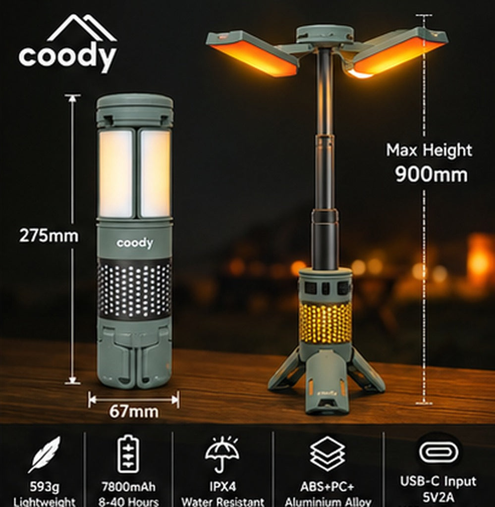 Coody C-3065 Telescopic Tripod Lamp Portable Multifunctional 3 Adjustable Light Modes LED Camping Lantern IPX4 Waterproof USB C Charging Light Outdoor