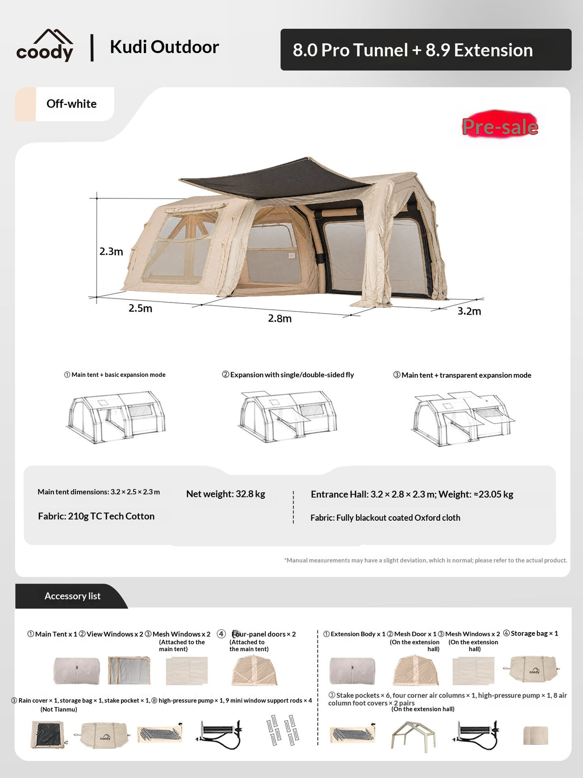 Coody AIR 8.0 PRO Tunnel Inflatable Tent 4-6 Person Waterproof TC Cotton PVC Luxury Camping