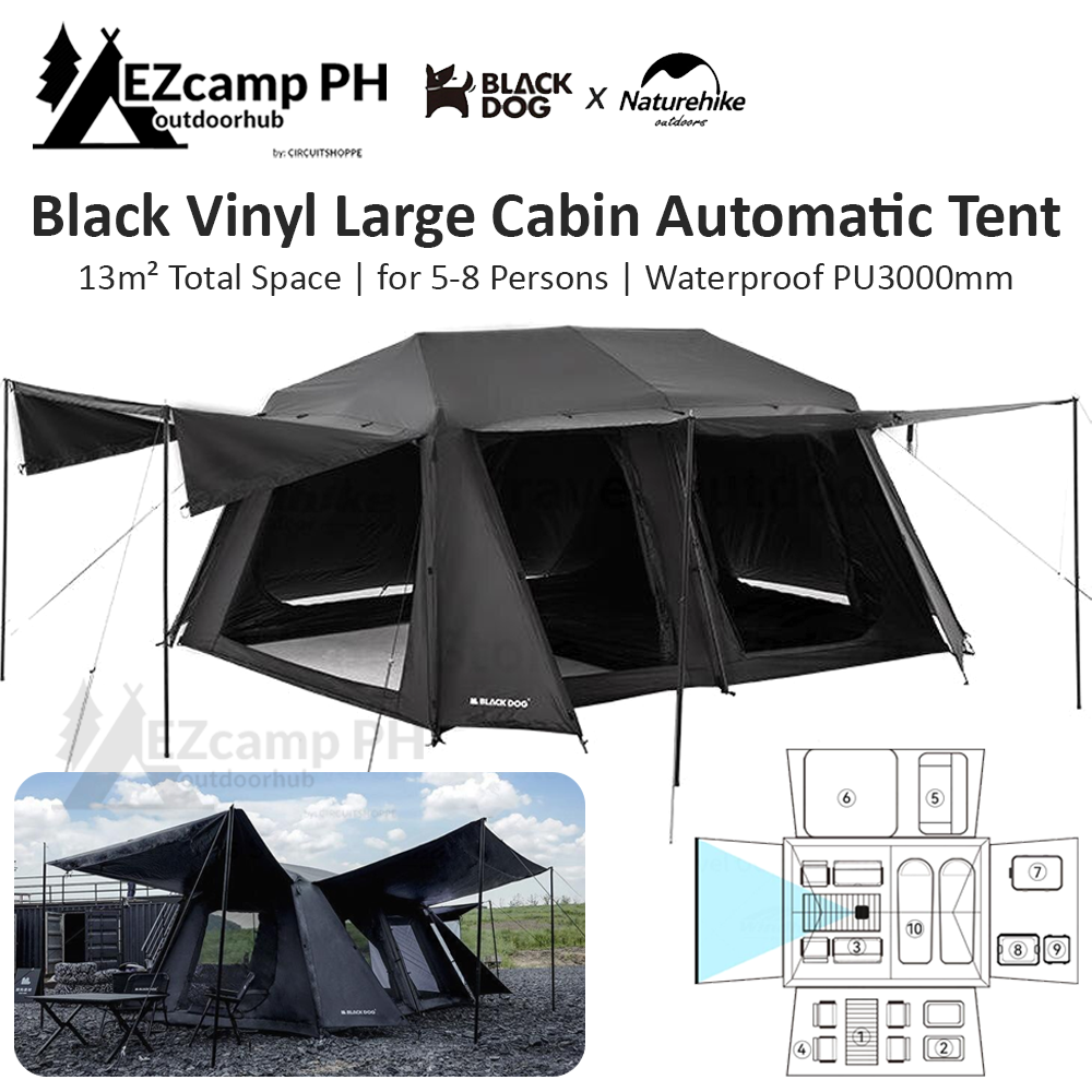 BLACKDOG by Naturehike Black Cabin Style Automatic Camping Tent Large 13m² 5-8 Person 2 Bedroom 4 Hall with Projection Screen Waterproof Vinyl Coated