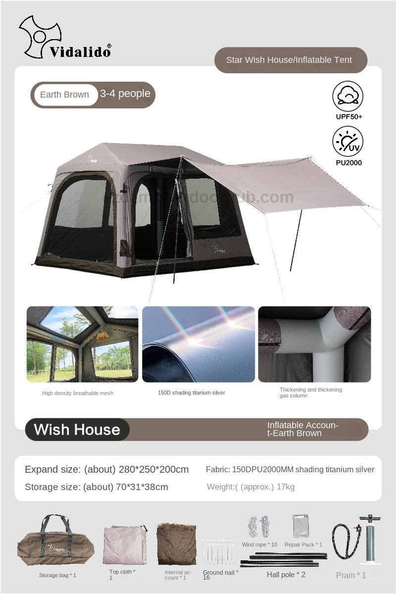 Vidalido WISH HOUSE 7.0 Air Inflatable Tent Fast Build 3-4 Person Ti Silver Coated Sunscreen PVC Air Poles Full View Mesh Waterproof 13m² Usable Space