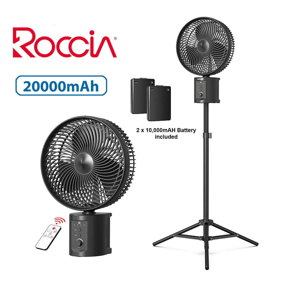ROCCIA Oscillating Rechargeable Fan w/Remote Super Strong 7 Speeds 2 in 1 20000mAh (2*10000mAh) Cordless Battery-Operated Fan Outdoor Opolar RF66