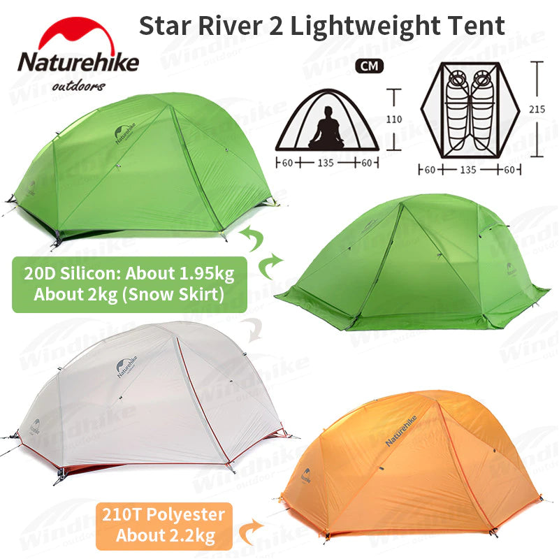 Naturehike STAR River 2 Series Ultralight 2 Person Camping Tent Upgraded Version 20D 210T with MAT Waterproof Outdoor Portable Hiking Backpacking