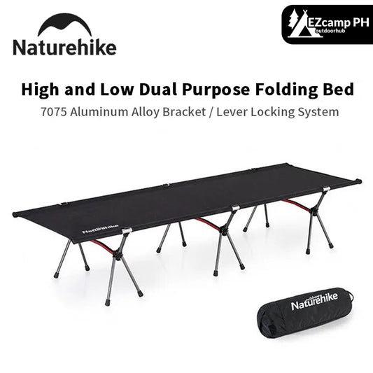 Naturehike XJC04 High Low Adjustable Folding Bed Outdoor Camping Portable Easy Assemble Sleeping Military Grade Cot Ultralight Heavy Duty 7075 Aluminum Alloy Oxford Load up to 150kg Foldable with Storage Bag Nature Hike Black Khaki