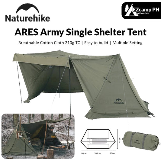 Naturehike ARES Army Tent Ultralight Hiking Backpacking Camping Outdoor Single Shelter 1 Person Waterproof 210G TC Cotton 5.8kg with Awning Canopy Chimney Nature Hike