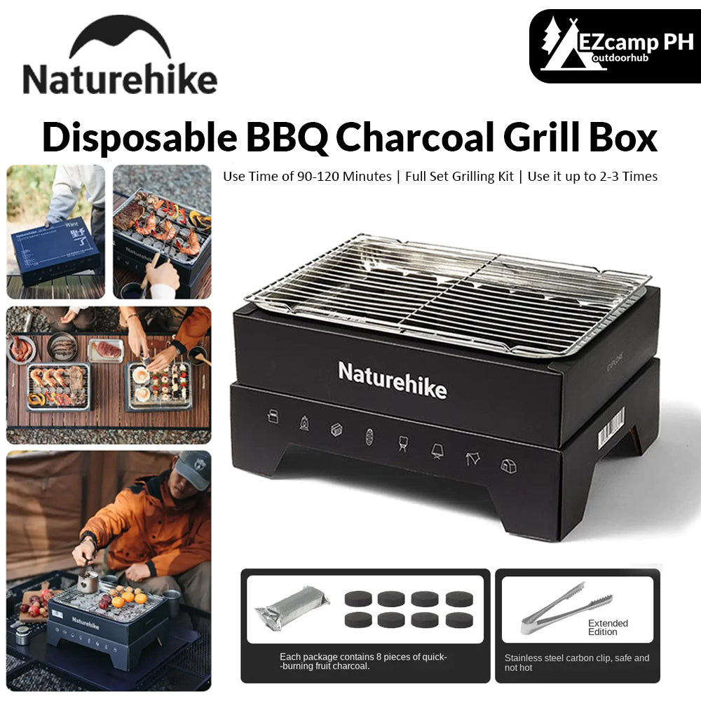 Naturehike MISTY MAGIC BOX Disposable Tabletop Charcoal BBQ Grill Box Kit Set Outdoor Camping Picnic Barbecue Cooking Equipment Stainless Grilling Pan Tong Mesh Fast Burning Charcoal Briquette Nature Hike