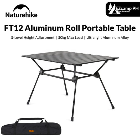 Naturehike FT12 Black Aluminum Egg Roll Camping Portable Folding Table 3 Level Height Adjustable up to 30kg Max Load Foldable Lifting Table