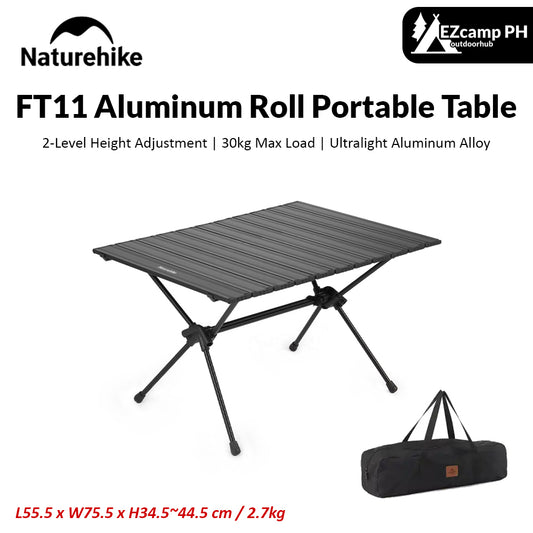 Naturehike FT11 Black Aluminum Egg Roll Camping Portable Folding Table 2 Level Height Adjustable Ultralight Heavy Duty up to 30kg Max Load Foldable Heavy Duty Outdoor Low High Lifting Table Nature Hike