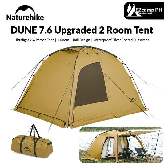 Naturehike Upgraded DUNE 7.6 Ultralight Hiking Car Camping Tent for 2 to 4 Person Portable 2 Room Large 7.6m² Space Outdoor Shelter 4 Season Double Layer Windproof Waterproof Breathable 7 Series Aluminum Pole Nature Hike