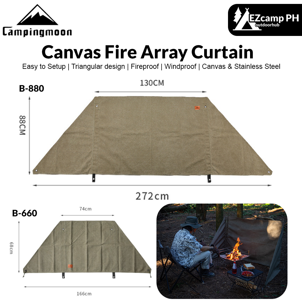 Campingmoon B-880 B-660 Canvas Fire Array Curtain Fireproof Windshield Outdoor Camping Portable Cooking Grill Tarp BBQ Stove Windproof Cloth Wind Deflector Wind Resistance Hiking Picnic Equipment Camping moon