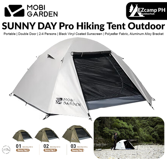 MOBI GARDEN SUNNY DAY Pro Hiking Tent Oudoor 2-4 Person Portable Folding Ultralight 3 Season Waterproof Windproof Black Coated Vinyl Sunscreen Camping Outdoor Travel Picnic Backpacking Trips Sunny Tent Heavy Duty Original MobiGarden