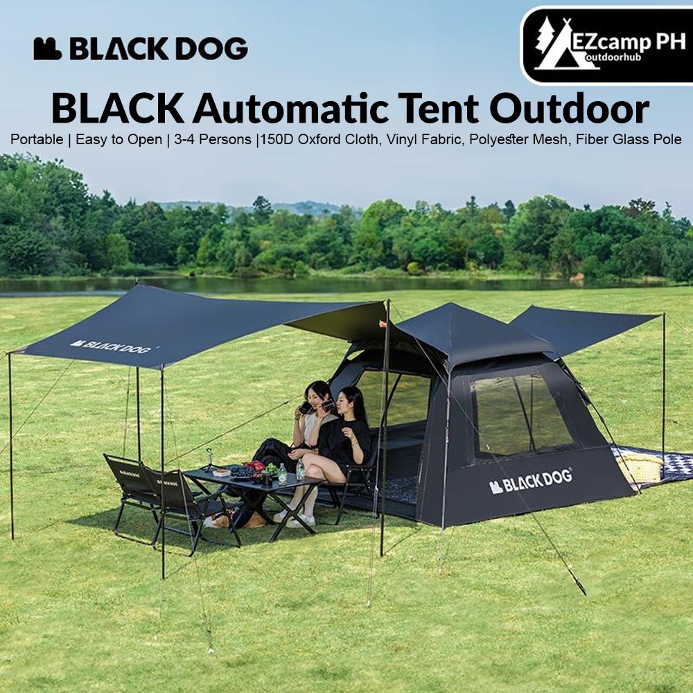 BLACKDOG BLACK Automatic Tent Outdoor Camping 3-4 Persons Portable Dome Tent Quick Opening Black Coating Vinyl Sunproof Waterproof Large Space Tent