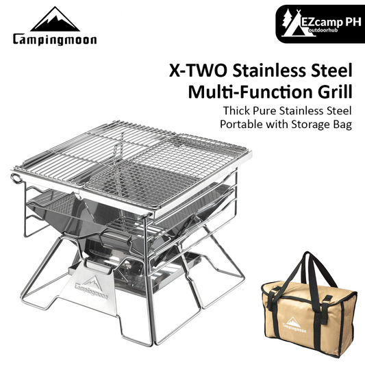 CAMPINGMOON X-TWO Portable Multi-Function Camping Charcoal Barbecue Grill Foldable Outdoor Pure Stainless Steel Cast Iron Steak Grill Cook Fry BBQ