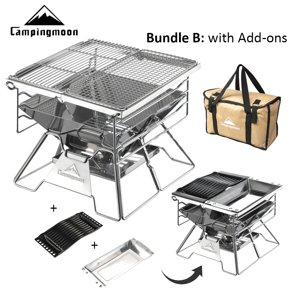 CAMPINGMOON X-TWO Portable Multi-Function Camping Charcoal Barbecue Grill Foldable Outdoor Pure Stainless Steel Cast Iron Steak Grill Cook Fry BBQ