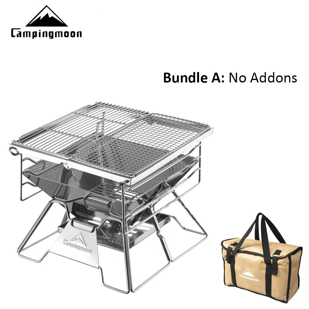 CAMPINGMOON X-TWO Portable Multi-Function Camping Charcoal Barbecue Grill Foldable Outdoor Pure Stainless Steel Cast Iron Steak Grill Cook Fry BBQ