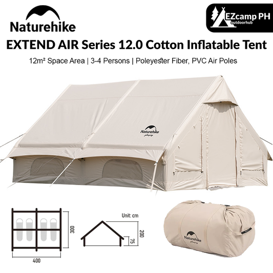 Naturehike EXTEND AIR Series 12.0 Cotton Inflatable Tent Camping Glamping Tent 3-4 Persons Air PVC Pole Large Family Waterproof Luxury Outdoor Shelter 12m² Space Area Camping Hiking Picnic Travel Heavy Duty Original Nature Hike