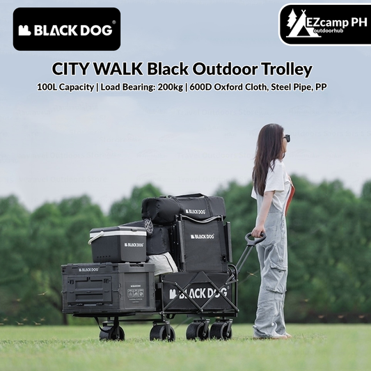 BLACKDOG CITY WALK Black Outdoor Trolley 100L Capacity 200kg Max Load All Terrain Thick Wheels with Brakes 600D Oxford Steel Frame Heavy Duty Camping Cart Wagon Carrier Black Dog