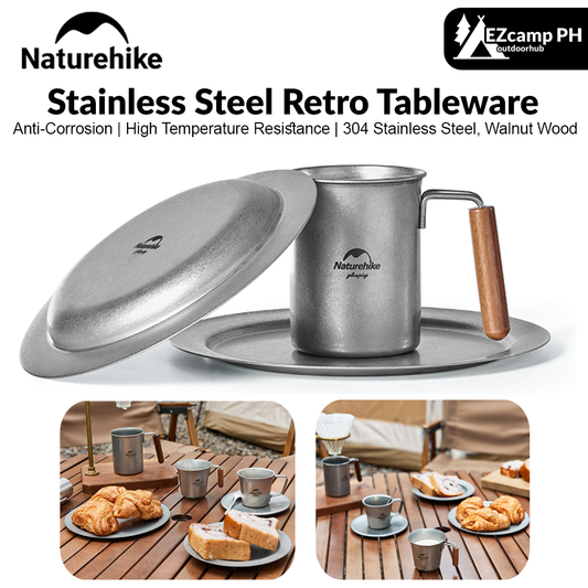 Naturehike Stainless Steel Retro Tableware Set Outdoor Portable Lightweight Vintage Style Plate Dish Cup Mug Coffee Tea Set Camping Hiking Picnic BBQ Dining Travel Utensil Heavy Duty Original Nature Hike