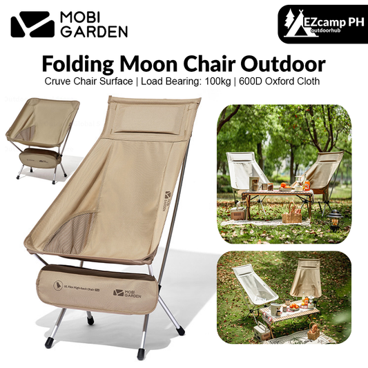 MOBI GARDEN Folding Moon Chair Outdoor Camping Relax Recline Ultralight Portable Small Large High Low Back Aluminum Alloy Oxford Seat 100kg Max Load Foldable with Storage Bag Mobigarden