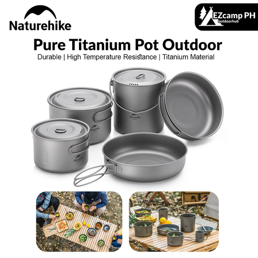 Naturehike Pure Titanium Pot Outdoor Portable Lightweight Cooking Pot Cutlery Utensil Fyring Pan Hanging Pot Food Grade Titanium Cookware Camping Hiking Picnic  Heavy Duty Original Nature Hike