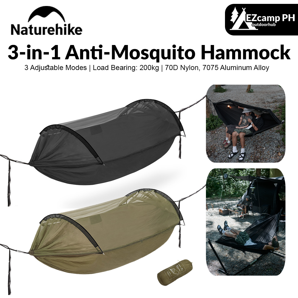 Naturehike 3-in-1 Anti-Mosquito Hammock Portable Ultralight Sleeping Hanging Bed Flying Boat 2 Person Camping Hammock With Anti Mosquito Insect Mesh Screen Cover Breathable Duyan up 200kg Max Load Bending Aluminum Rod Heavy Duty Original Nature Hike