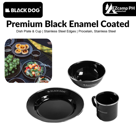 BLACKDOG Premium Black Enamel Coated Tableware Portable Lightweight Cup Dish Plate Bowl Dinnerware Mug Glass Glazed Glossy Finish Elegant Utensil Kitchen Picnic Tools Equipment Camping Outdoor Hiking Original Black Dog