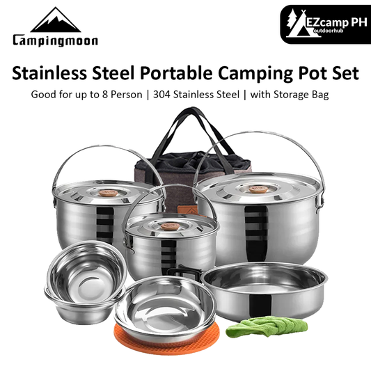 CAMPINGMOON Stainless Steel Camping Pot Set for up to 6 and 8 Person Portable Ultralight Home and Outdoor Picnic Large Cookware Pan Cooking Equipment