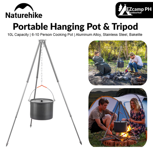 Naturehike Portable Hanging Pot & Tripod Ultralight 6L 10L Large Capacity Aluminum Alloy Camping Cookware And Telescopic Adjustable Hang Stand Outdoor Cooking For 6 to 10 Persons Hiking Picnic Beach Travel Heavy Duty Original Nature Hike