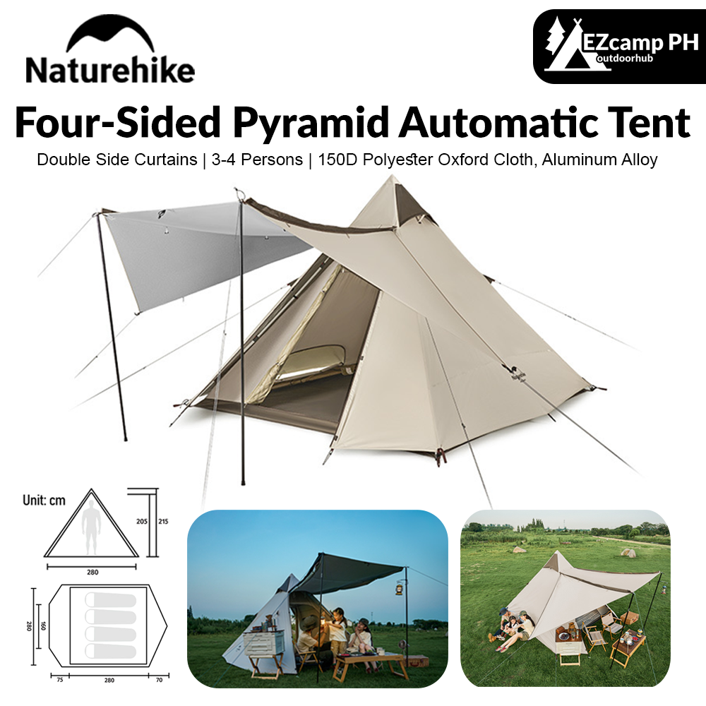 Naturehike Four-Sided Pyramid Automatic Tent Outdoor Portable Awning Four-Sided Quick Build Auto Pole Pyramid Large Hall Double Door For 3-4 Persons Waterproof Breathable Camping  Hiking Travel Heavy Duty Original Nature Hike