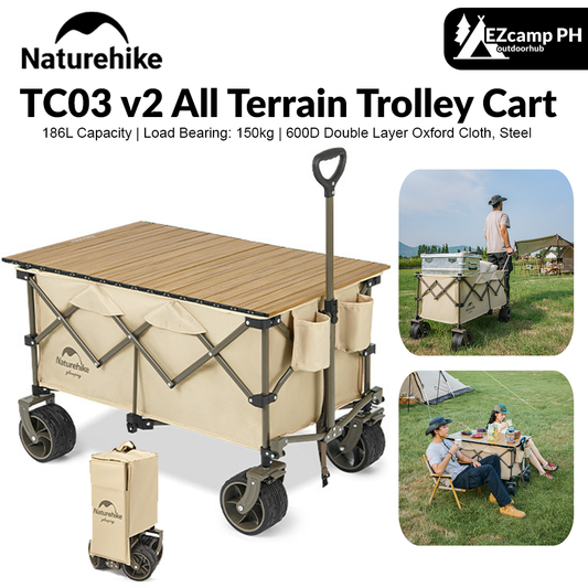 Naturehike TC03 v2 All Terrain Trolley Cart Outdoor Portable 186L Capacity Wide All Terrain Wheel With Brakes Optional Table Board 150kg Max Load 4-Way Folding Camping Equipment Luggage Foldable Trolley Cart Wagon Carrier Original Nature Hike