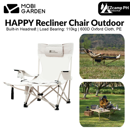 MOBI GARDEN HAPPY Recliner Chair Outdoor Folding Reclining Relax Full Lying Recline Armrest Seat 110kg Max Load Steel Iron Structure With Storage Bag