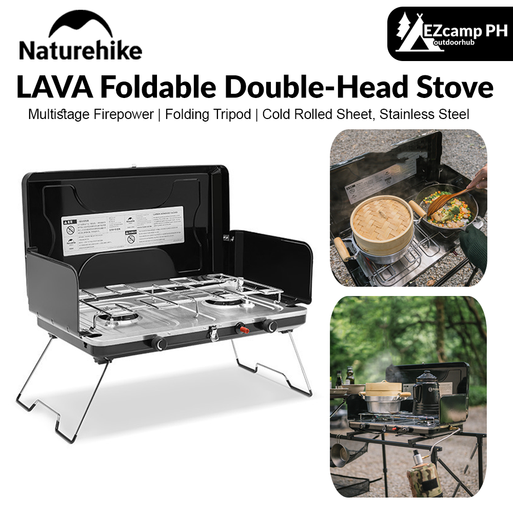 Naturehike Folding Double Camping Gas Stove Outdoor Portable Dual Head Butane Fuel 3000W Fire Power Burner with Foldable Wind Screen