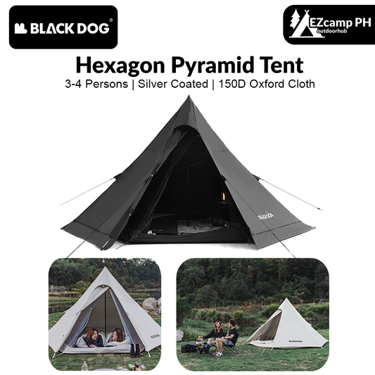 BLACKDOG Hexagon Pyramid Tent Portable Lightweight 3-4 Persons Black White Indian Pyramid 150D Oxford Cloth Outdoor Waterproof Tent Heavy Duty Original