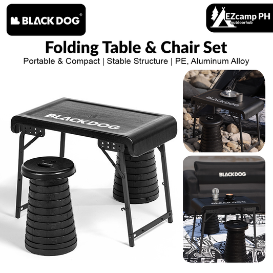 BLACKDOG Black Folding Table & Chair Set Portable Lightweight Foldable Table Chair Camping Aluminum PE Plastic Table Telescopic Chair Set Outdoor Hiking Picnic BBQ Dining Heavy Duty Original Black Dog