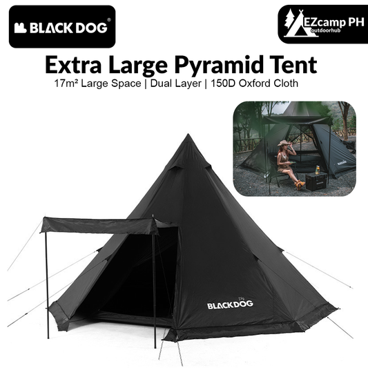 BLACKDOG Extra Large Pyramid Tent 5 To 8 Persons Black White Pyramid Tipi Hexagon Silver Coated Teepee Hexagonal Waterproof Outdoor Camping Hiking Picnic Beach Heavy Duty Original Black Dog