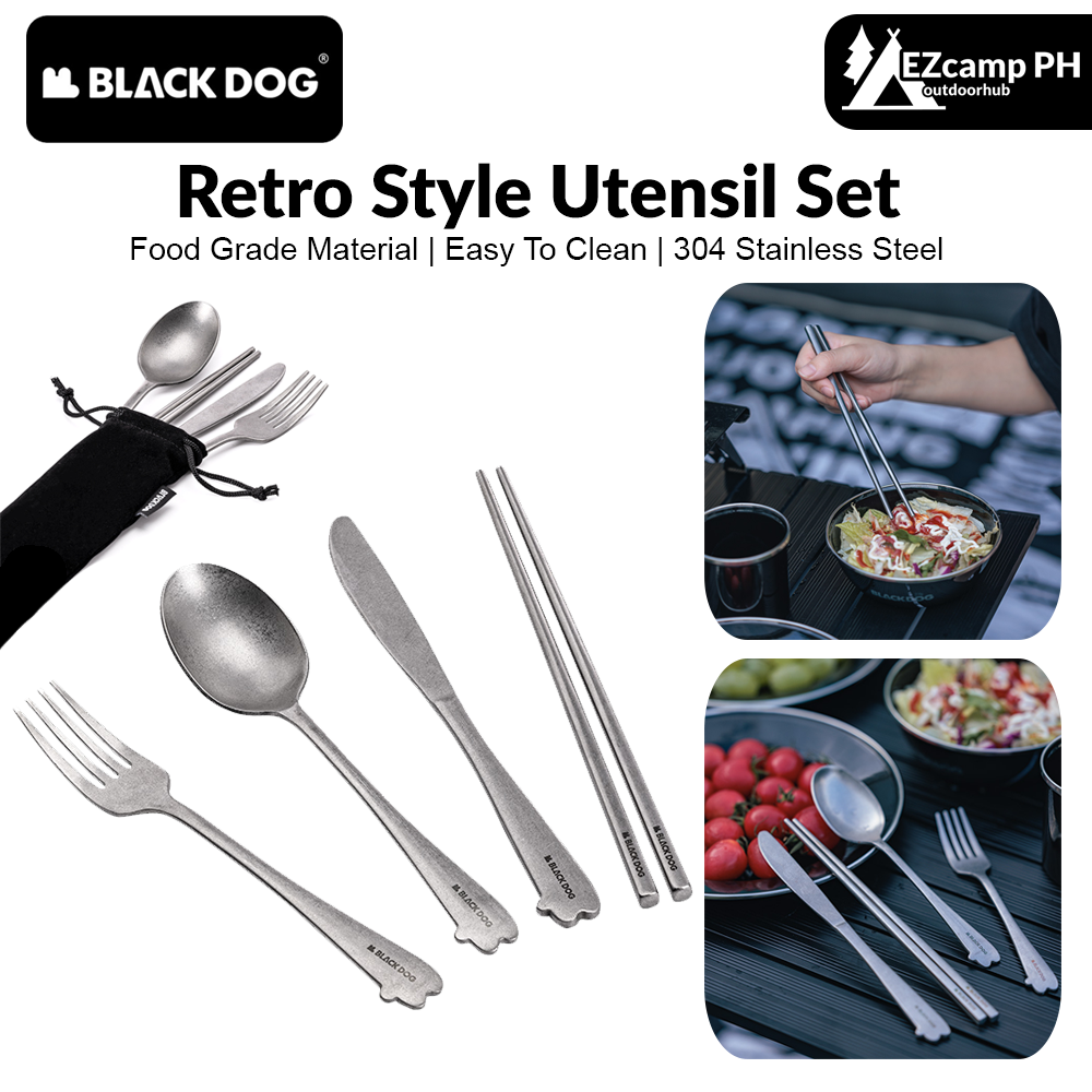 BLACKDOG Retro Style Utensil Set Portable Ultralight 304 Stainless Steel 4 In 1 Spoon Fork Knife Chopsticks With Black Storage Bag Cutlery Set Tableware Dining Camping Hiking Picnic Beach Travel Heavy Duty Original Black Dog